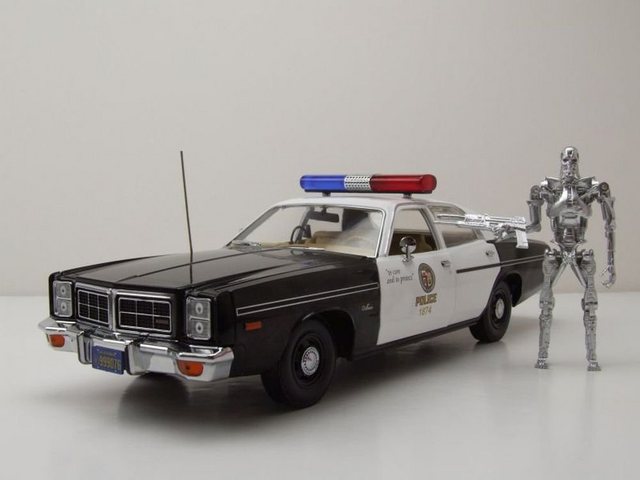 GREENLIGHT collectibles Modellauto Dodge Monaco 1977 Police Terminator mit T-800 Endoskelet Figur Modella