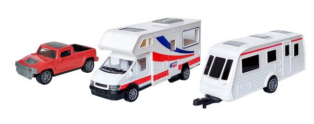Toi-Toys Modellauto WOHNMOBIL mit WOHNWAGEN & PICK UP Truck mit Rückzug 8