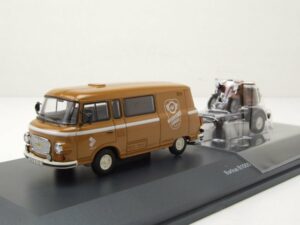 Schuco Modellauto Barkas B1000 Halbbus braun mit Anhänger Simson Schwalbe S51 Modellauto