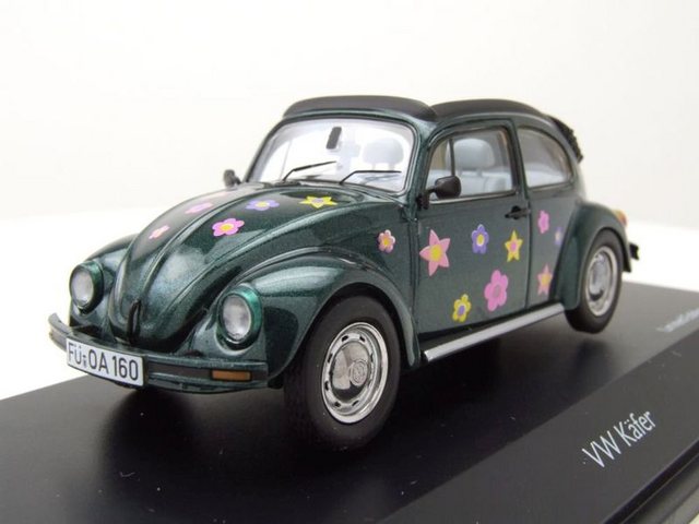 Schuco Modellauto VW Käfer 1600 Open Air grün metallic mit Blumendeko Modellauto 1:43