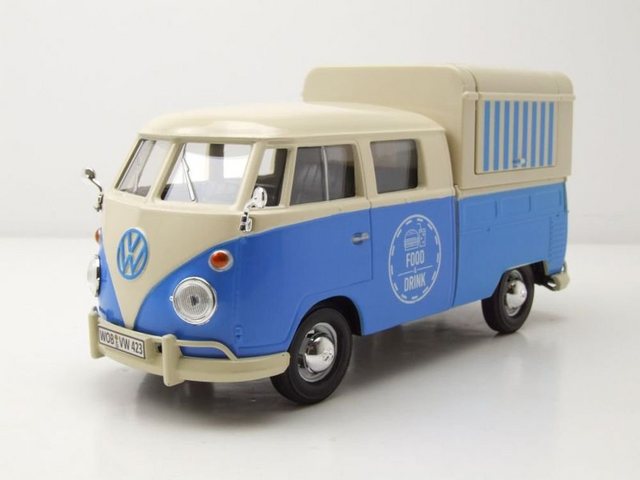 Motormax Modellauto VW T1 Bus Food Truck blau weiß Modellauto 1:24 Motormax