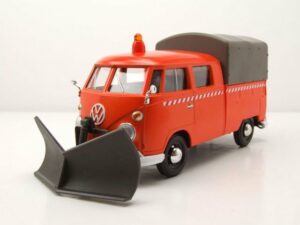 Motormax Modellauto VW T1 Pritsche Plane orange mit Schneepflug Modellauto 1:24 Motormax