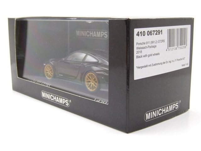 Minichamps Modellauto Porsche 911 (991.2) GT2 RS Weissach 2018 schwarz mit goldenen Felgen