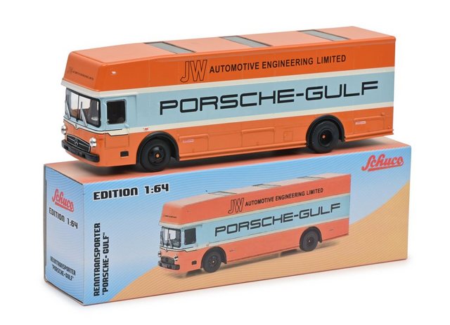 SIMBA Modellauto Sammlerauto Schuco Mercedes O317 Renntransporter Porsche Gulf - Modellauto 1:64 Solido