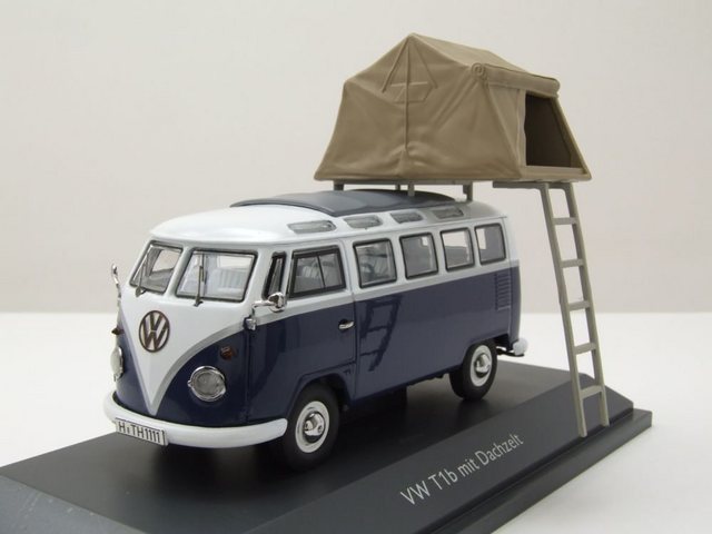 Schuco Modellauto VW T1 b Bus Camping blau weiß mit Dachzelt Modellauto 1:43 Schuco